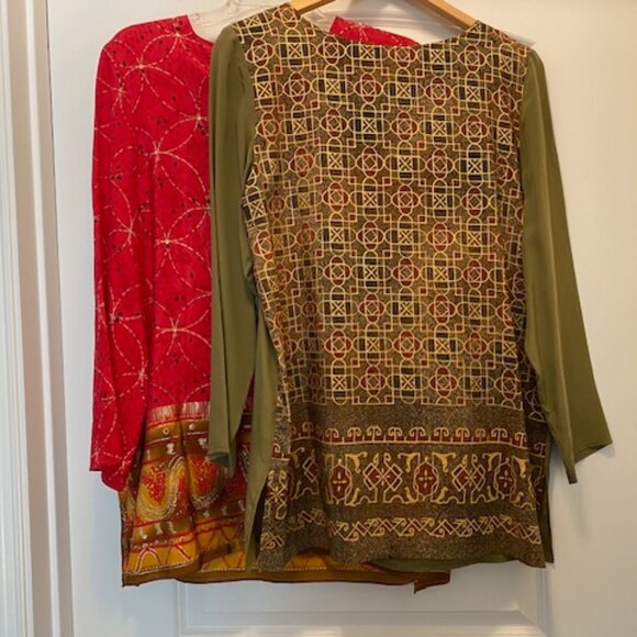 Choice: DIANE GILMAN 100% SILK l/s TUNIC Tops* RED GOLD or OLIVE Green GOLD ~ S - Picture 2 of 14